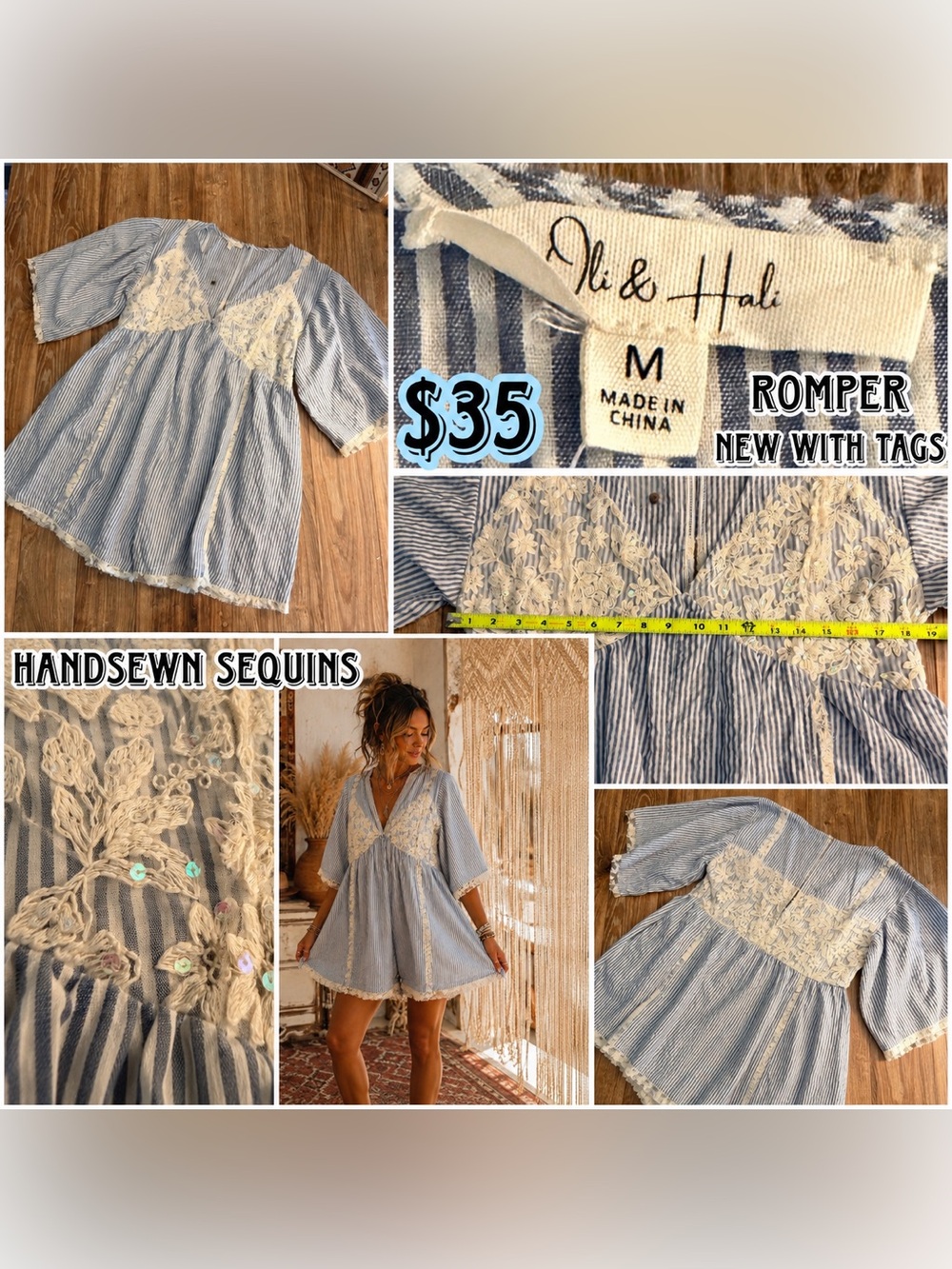 Oli & Hali Light Blue and White Striped Lace-& Sequins Trim Romper